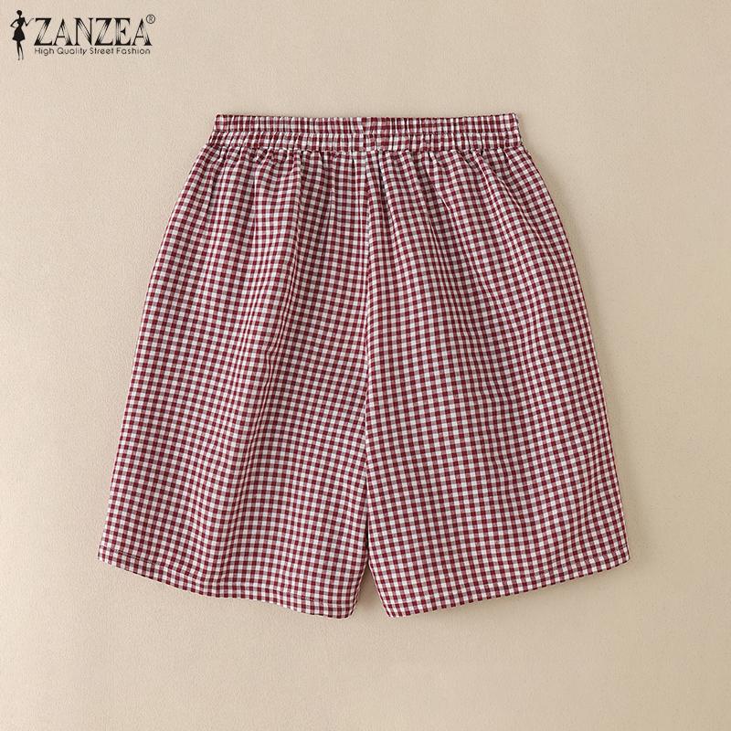 ZANZEA Women Casual Elastic Waist Loose Summer Grid Print Shorts