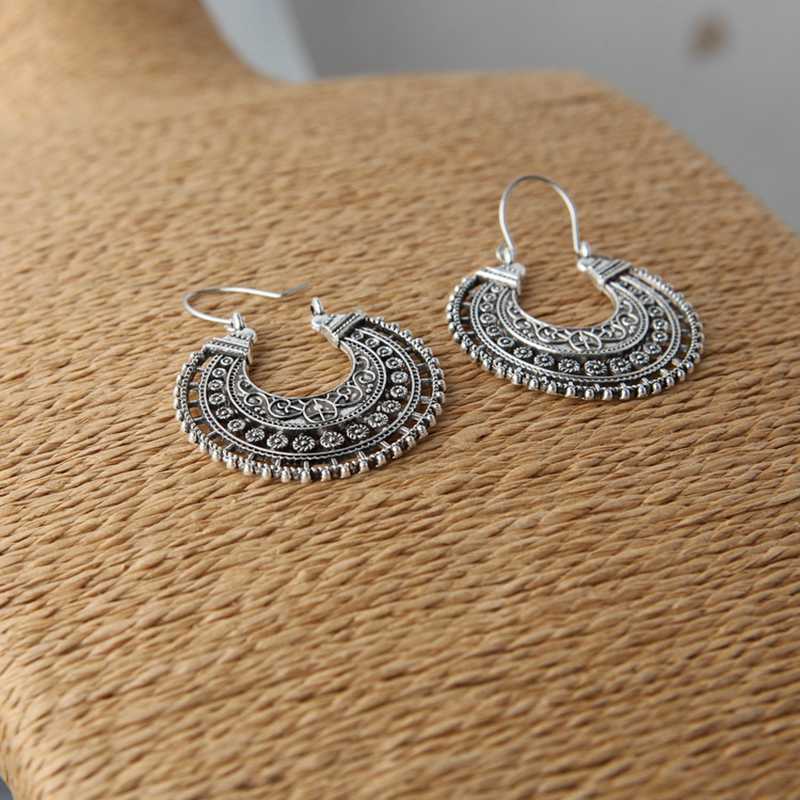 Vintage Antique Gold  Silver Color Flower Metal Hoop Earrings Punk Alloy Earring Brincos for Women