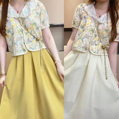 Besticktes florales Oberteil und Plisseerock-Set Langer Stil Frisches und süßes Outfit mit Plisseerock