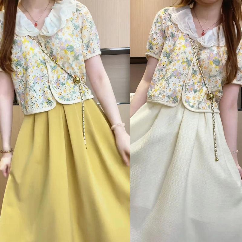 Completo Top Floreale Ricamato e Gonna Pieghettata Modello Lungo Outfit Fresco e Dolce con Gonna Pieghettata
