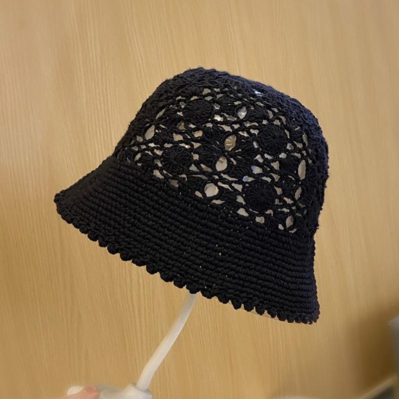 Crochet Floral Bucket Hat for Woman Teenagers Outdoor Foldable Commute Fisherman Hat Wide Brim Summer Sunproof Hat