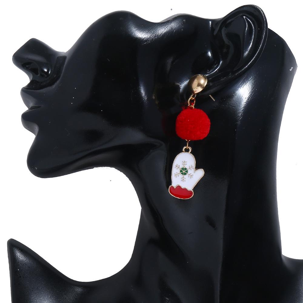 Women Asymmetric Santa /Gloves/Snowflower Shape Red Plush Ball Earrings