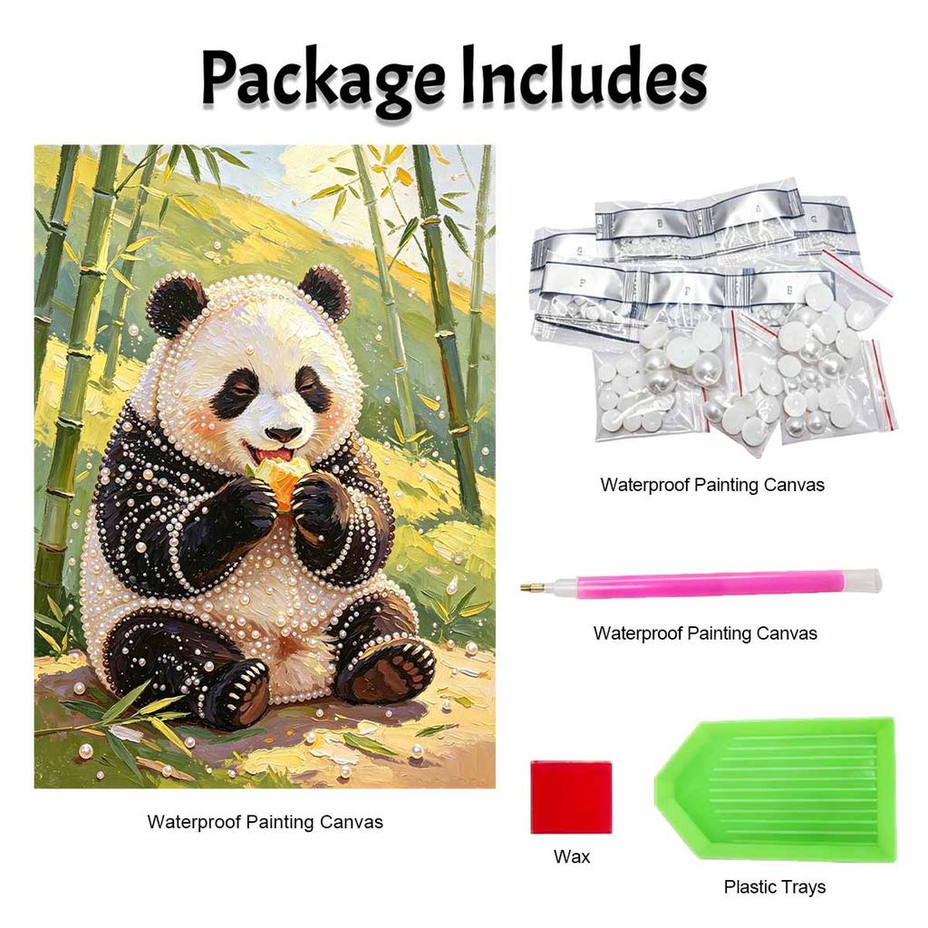 Cute Panda Eating Bamboo 5D Pearl Painting Kit with Frame DIY Sparkling Bead Canvas Art Relaxing Craft for Girls Room Decor Aesthetic