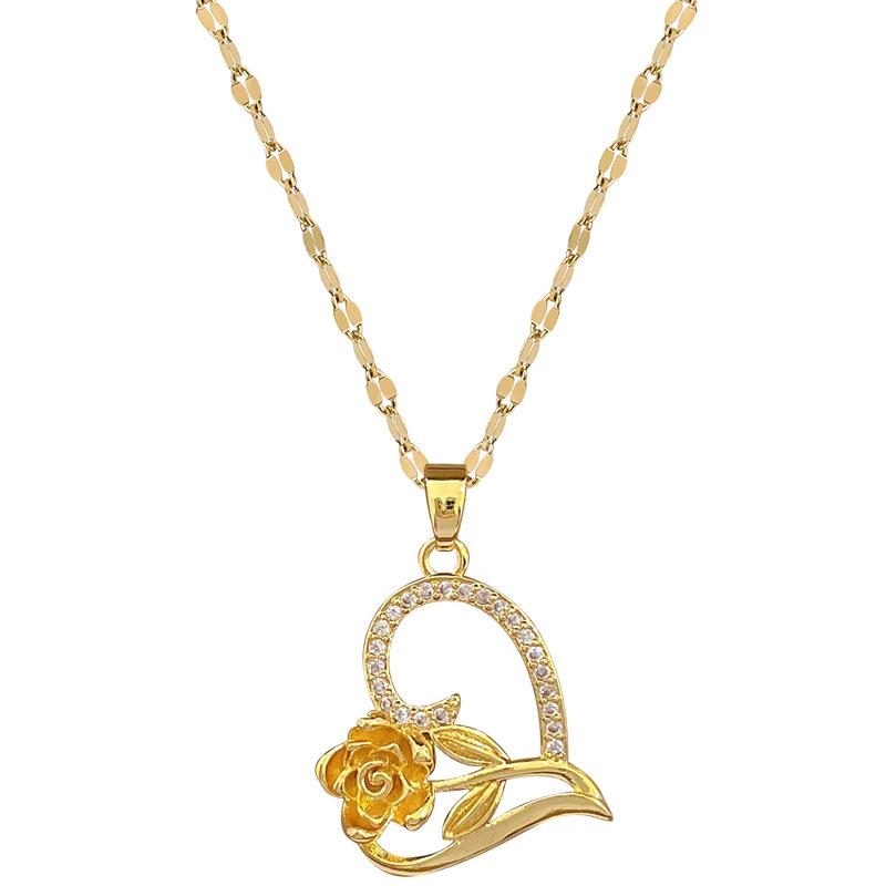 Love Rose Light Luxury Temperament Gorgeous Full Diamond Necklace Female Versatile Collarbone Chain Titanium Steel Chain