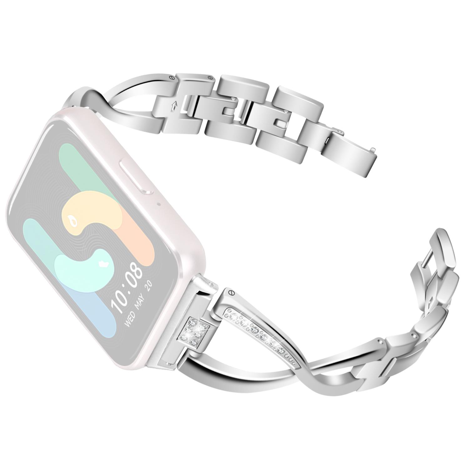 

Для Samsung Galaxy Fit3 SM-R390 Ремінець з нержавіючої сталі Декор стразами X-подібний Ремінець для смарт-годинника Silver