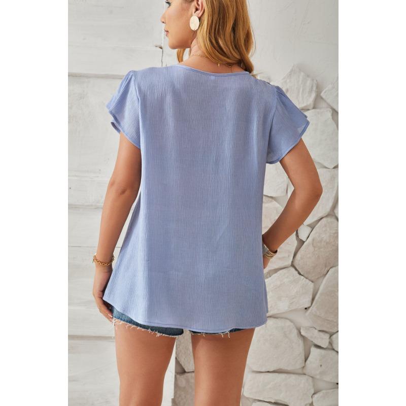 Summer Women's T-shirt V-neck Fashion Petal Sleeve Loose Top