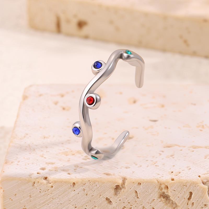Colorful European & American Irregular Titanium Steel Open Ring with Non-Fading Diamond-Set