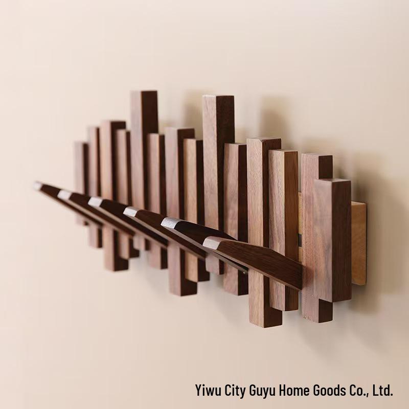 Solid Wood Coat Rack with Piano Key Hooks – Adhesive, No-Punch Design for Wall or Door