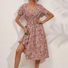 Summer Vacation Dress Floral Print Loose Ladies V Neck Female Dress
