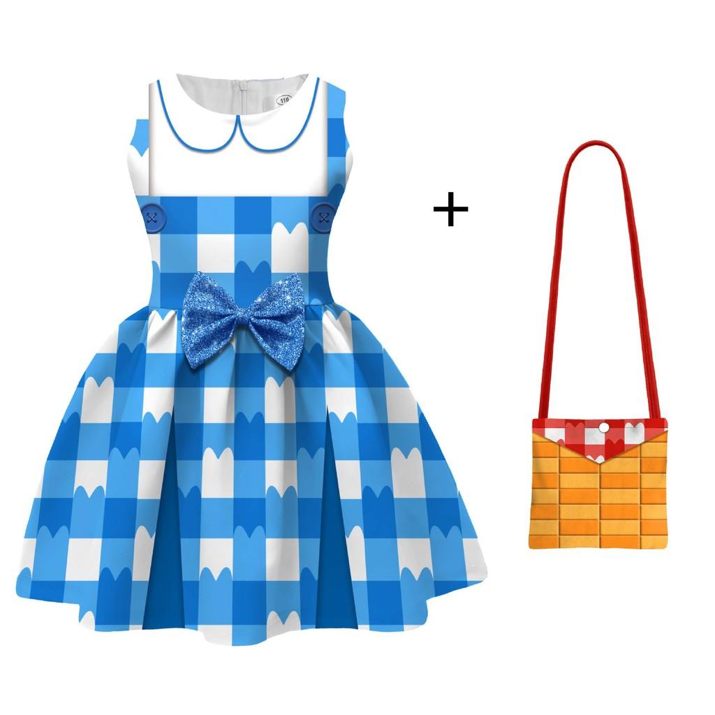 

Kids Girls Anime Cartoon Gabby Printed Bow Blue Sleeveless Dress Halloween Cosplay Costumes 140cm