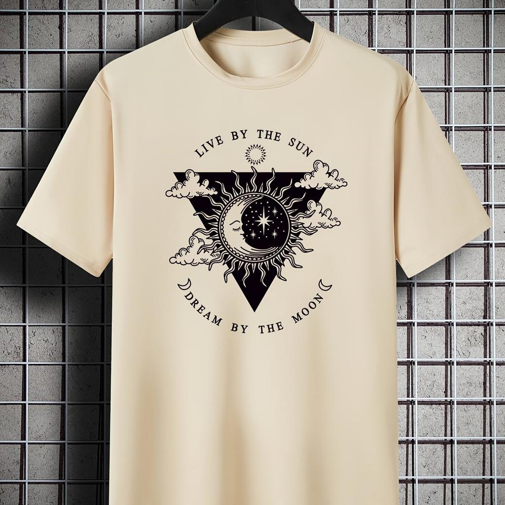 Live By The Sun Dream By The Moon Graphic Mens Cotton TShirt Casual Oversized Crew Neck Tee