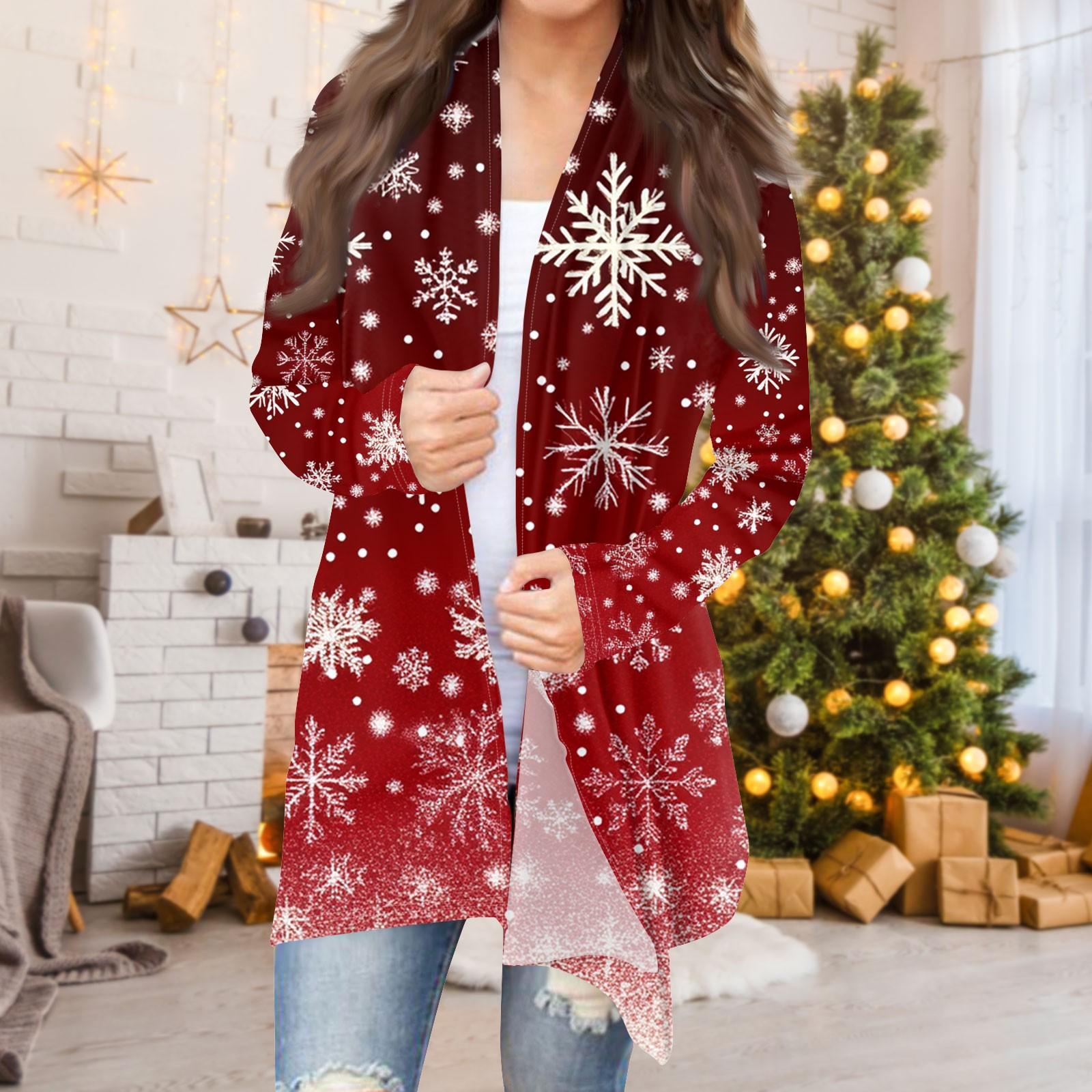

Женская мода повседневная рождественская печать средней длины кардиган куртка пальто XXL