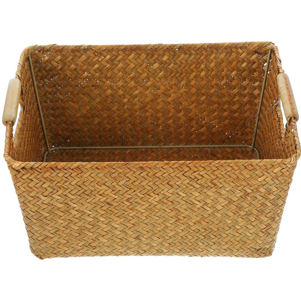 Lightweight Seagrass Woven Basket with Handle Portable Desktop Storage Box for Office Home Study Room Rustic Sundry Organizer