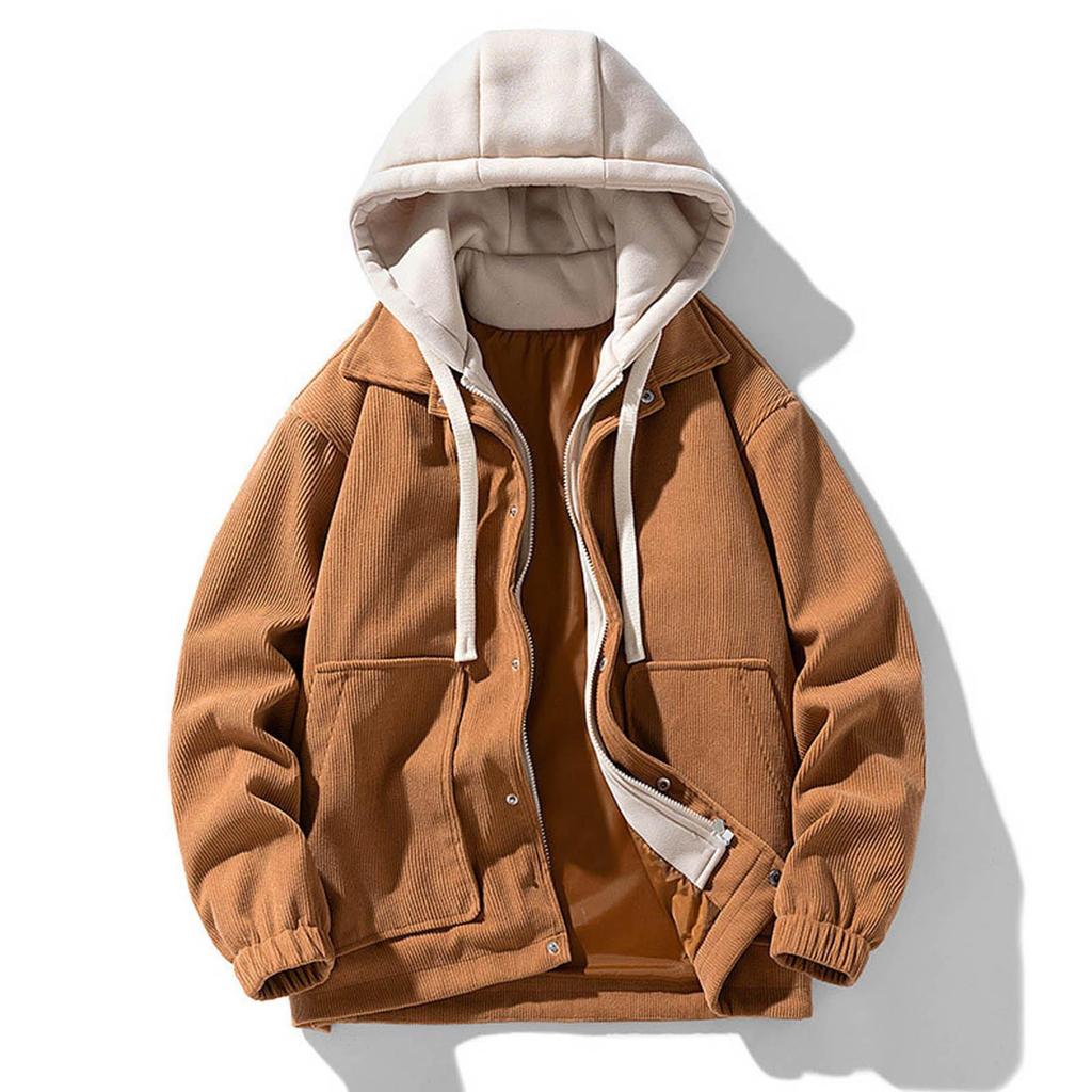 Mens Hooded Corduroy Work Coat Male Fashion Causul Fales Two Piece Autumn And Winter Long Sleeved Outwear Outdoor Hiking Jacket Mens