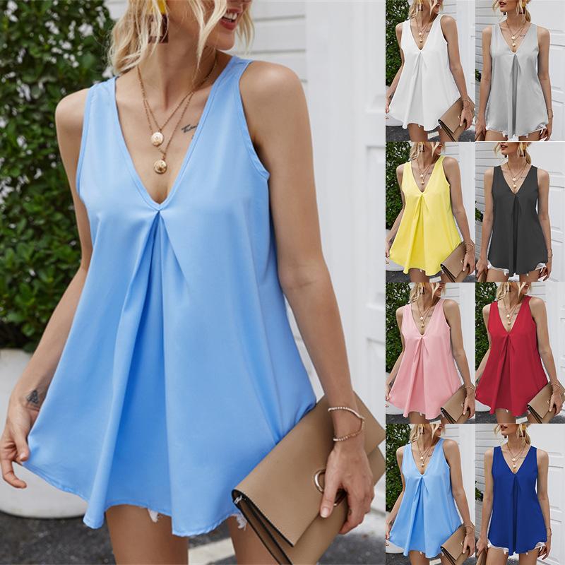 

2025 Свободный однотонный топ без рукавов из шифона S