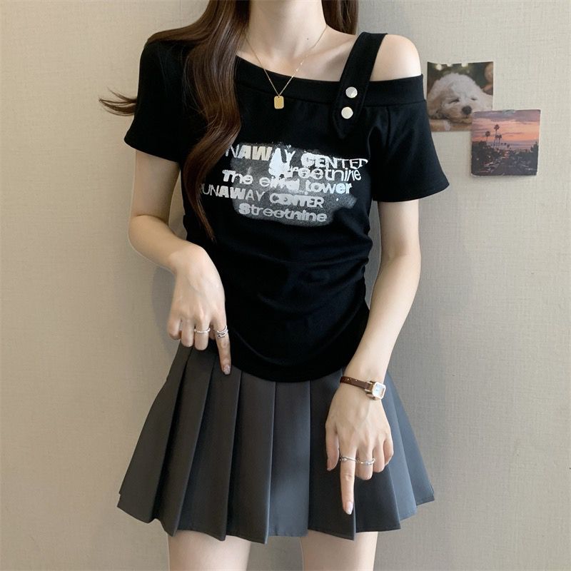 

Fashionable Off-shoulder Short sleeved T-shirt for Women Summer Letter Printed Top L чорний