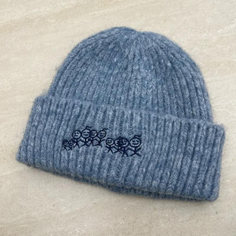 Stickman Embroidered Knit Beanie for Women, Autumn Winter Trendy Cold Hat, Slim Face, Versatile Warm Pile Wool Hat, Fits Big Head Circumference