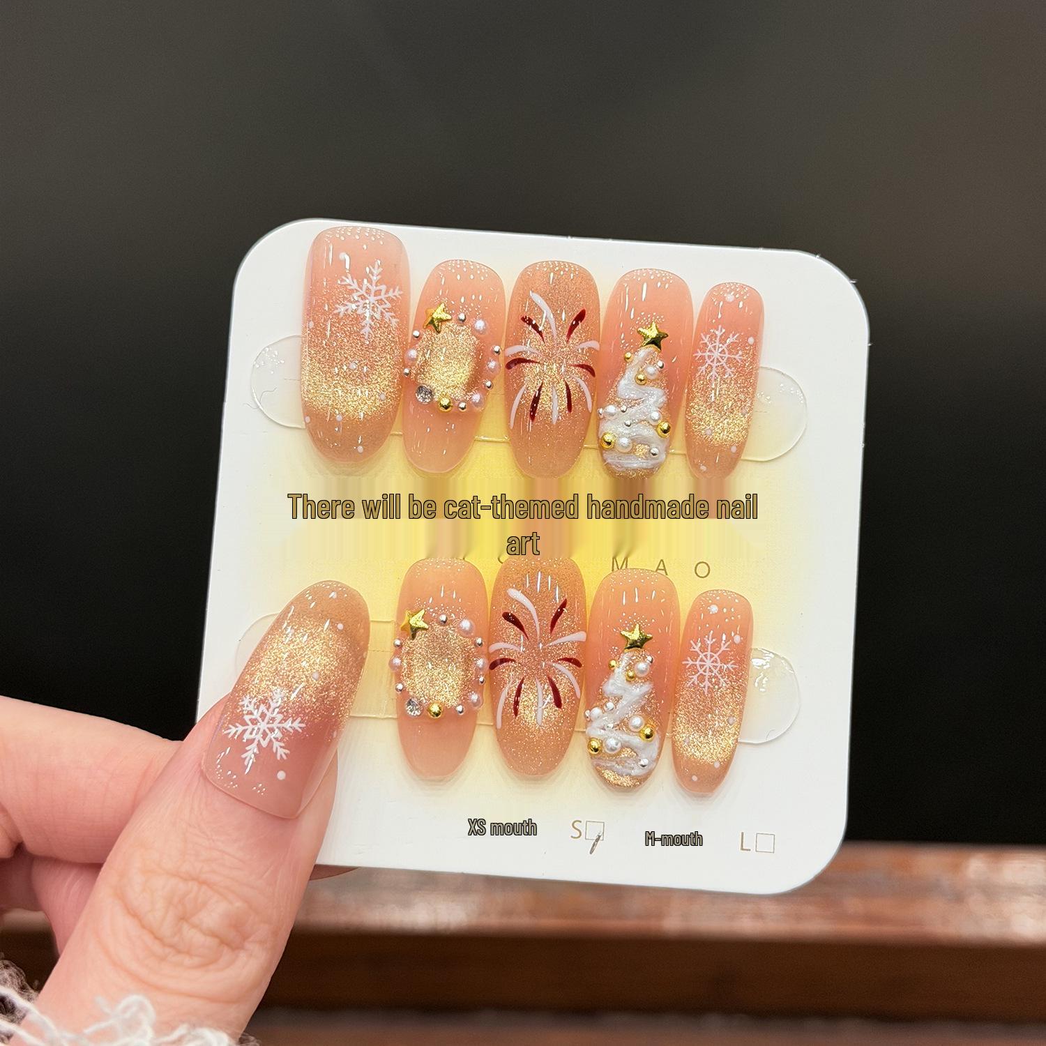 Gold Cat Eye Christmas Fireworks Snowflake Blush Nails – Handmade, Super Flash, Wearable Art Extra Small Narrow Oval