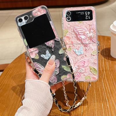 Metall-Lanyard mit Blumendruck Klare Hülle Für Samsung Galaxy Z Flip 7 6 5 4 3 5G Flip5 Flip6 Flip4 Flip3 Weiche TPU-Falthülle
