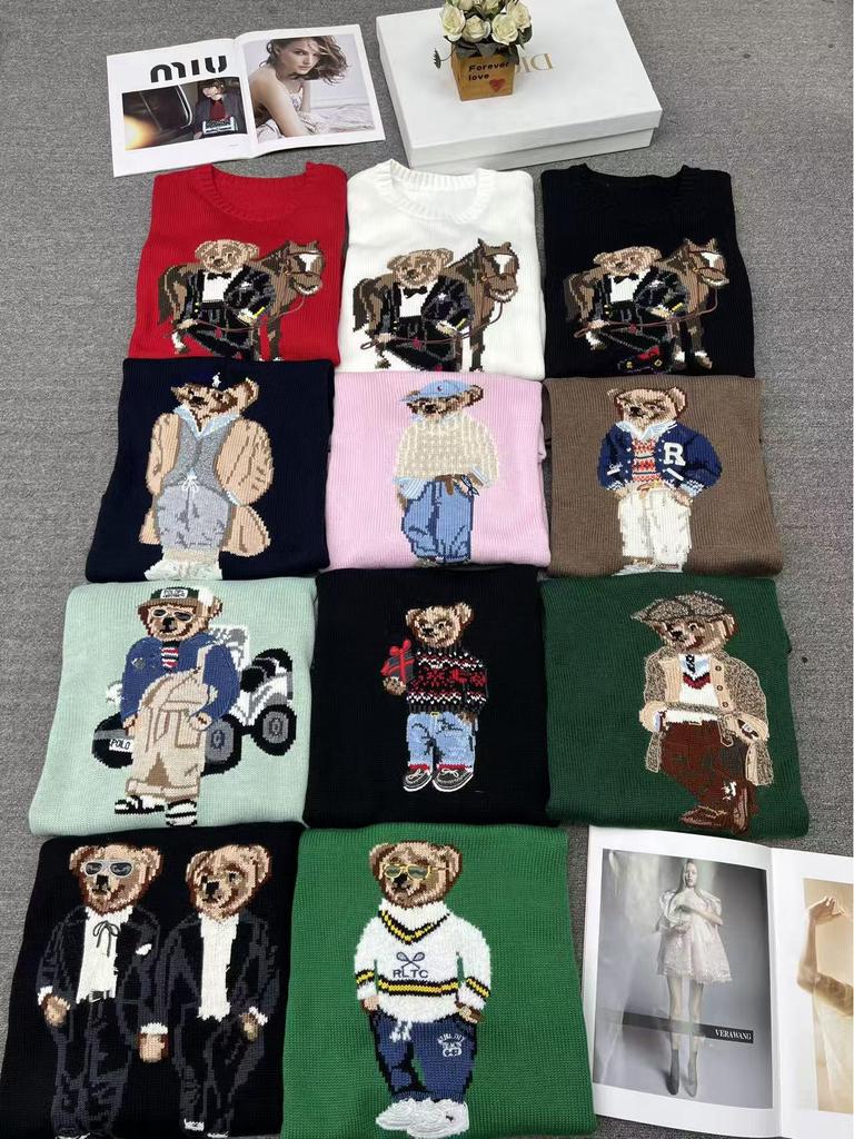 2025 R.L Wool Blend Cartoon Bear Round Neck Sweater - Women's Autumn/Winter Versatile Embroidered Style