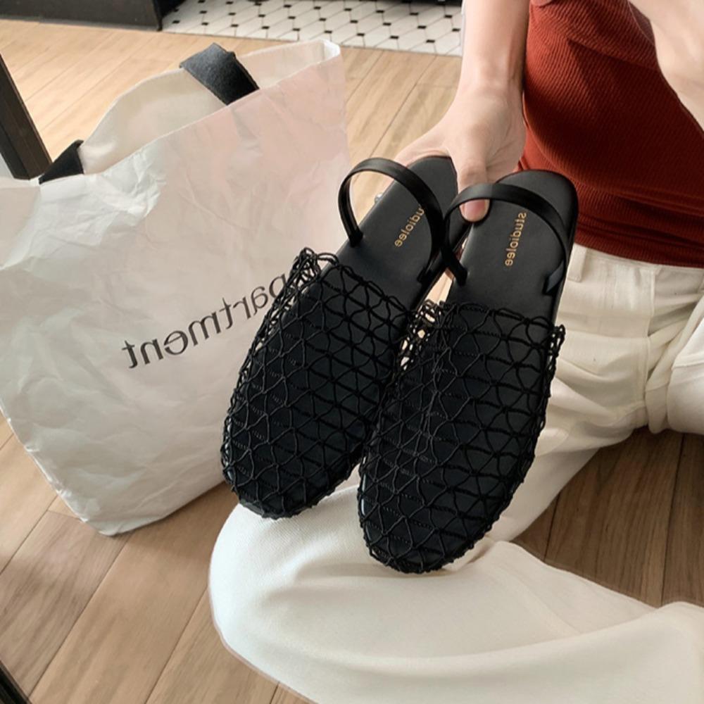 Slippers for Women 2025 Summer New Mesh Hollow Out One-piece Strap with Toe Cap Flat Sandals for Women's Mesh Slippers Women