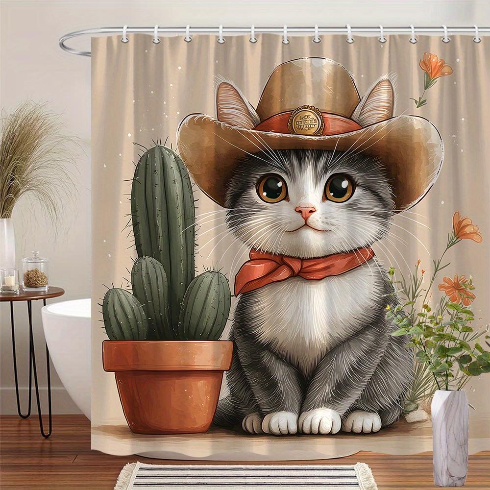 1pc Anthropomorphic Kitten Cowboy Hat & Cactus Shower Curtain - Whimsical Western Bathroom Decor with Soft Textured Design,