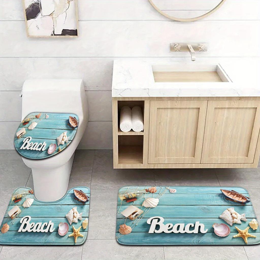 Modern Simple Wood Grain Shell Boat Bathroom Floor Mat Set 3pcs Non-Slip Absorbent Toilet Lid Cover and U-Shaped Rug
