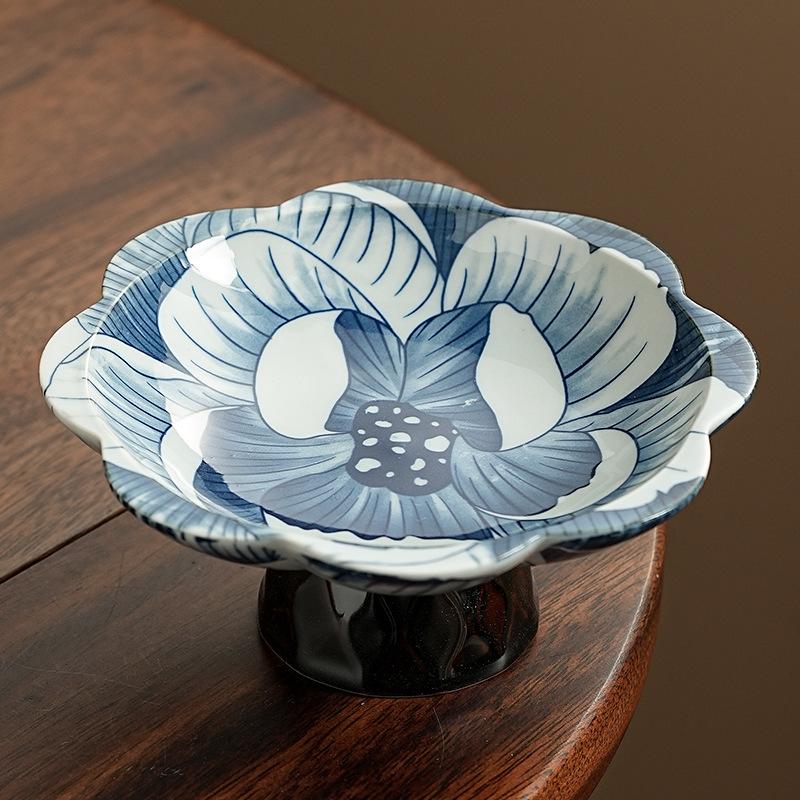 Blue and White Porcelain High Foot Dessert Plate Creative Ceramic Fruit Tray for Tea Room Dry Nuts Snacks Serving Tray