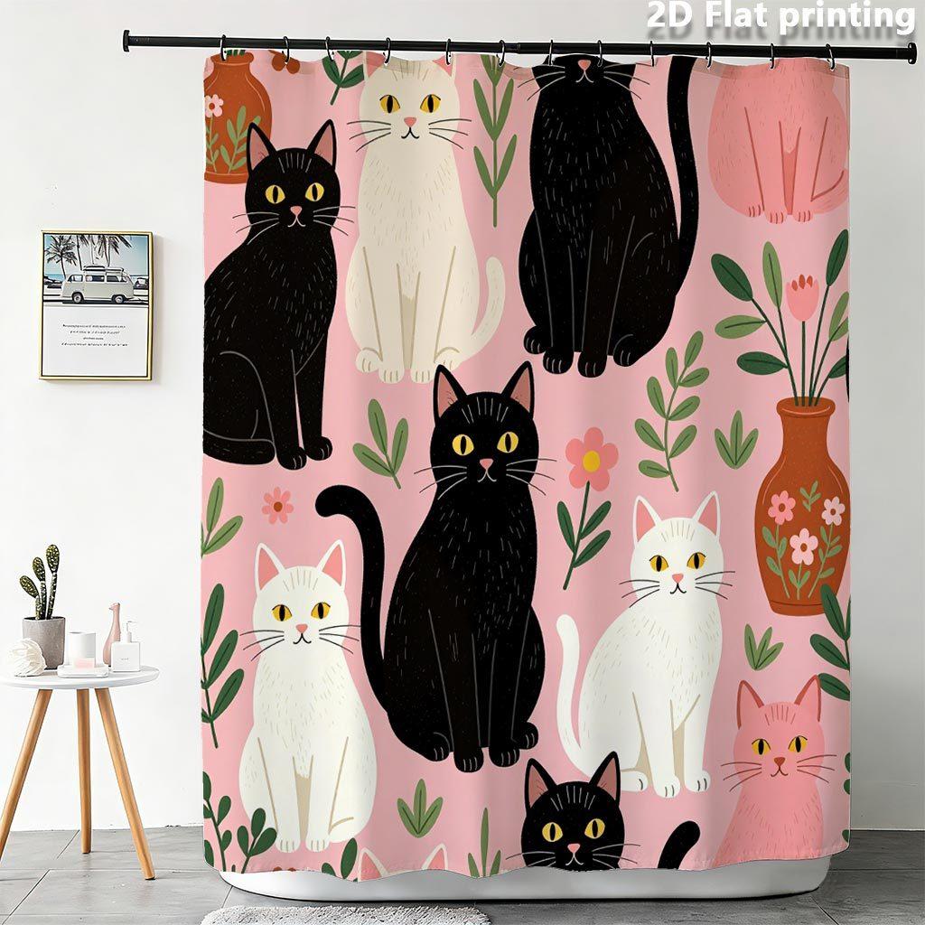 Cute Cat Pattern Shower Curtain, Pink Background Black White Kitten Waterproof Bath Curtain, Pet Lover Bathroom Decor