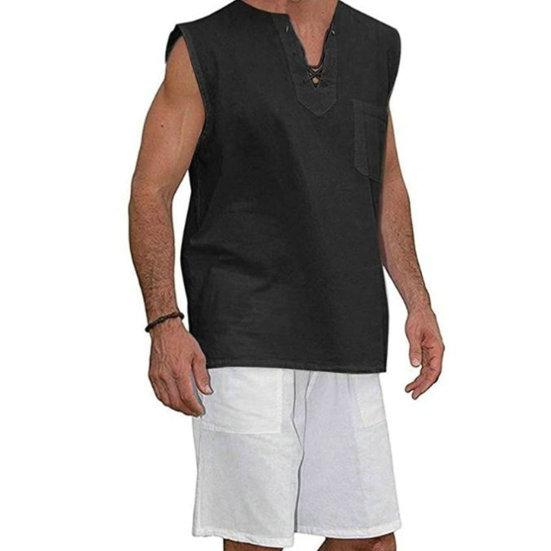 Erkekler Yaz Tankı Üstleri V Yaka Dantel-up Kolsuz Düz Renk Gömlek Tops Gevşek Yama Cep Tees Gömlek streetwear