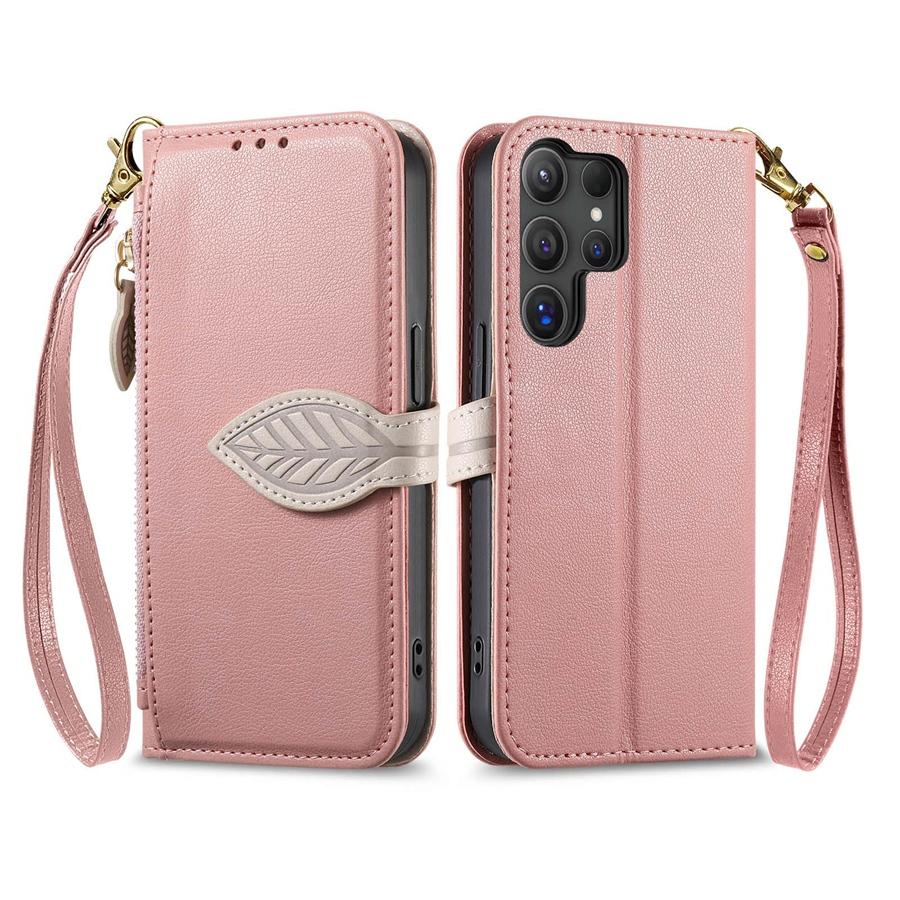 PU Leather Leaf Buckle Multi-function Wallet Case for OPPO/VIVO/Redmi/Google 3 Card Slots + Zip Coin Pocket + Stand & Detachable Long Shoulder Strap