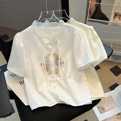 Women's Embroidery Plate Button Blouse Summer Premium Feeling Temperament Short Sleeve Shirt