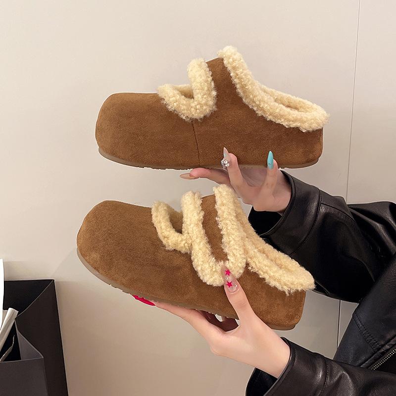 Women's Soft Bottom Large Size Thickened Winter Warm Fur One Padded Lining Ankle Boots Non-slip Baotou Cotton Half Slippers Soybean Shoes