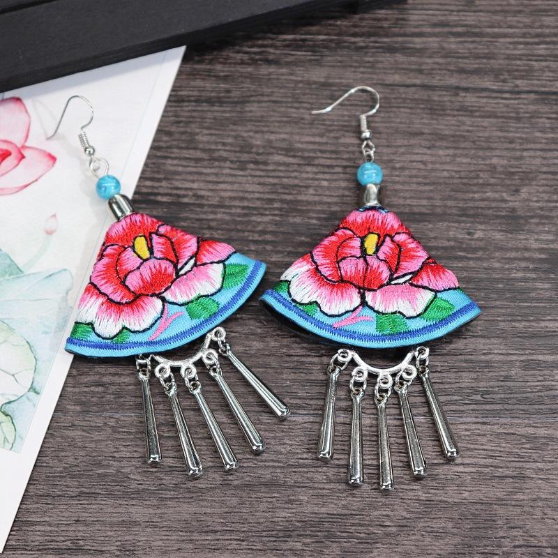 Retro hand-embroidered fabric earrings female long flower fringed versatile temperament performance earrings earrings