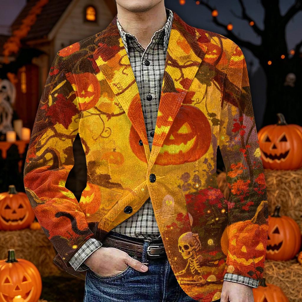 Men's Corduroy Blazer Jacket with Halloween Print Warm Casual Suit Jacket with Pockets Button Front Cardigan Style Outerwear
