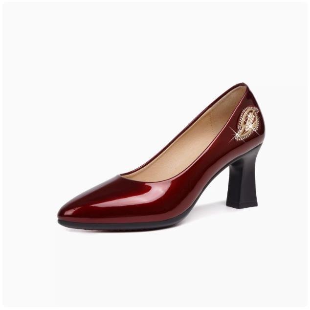 

Spring new round toe high heels, thick heels, patent leather women s professional work shoes, temperament, four seasons bright leather shoes 40