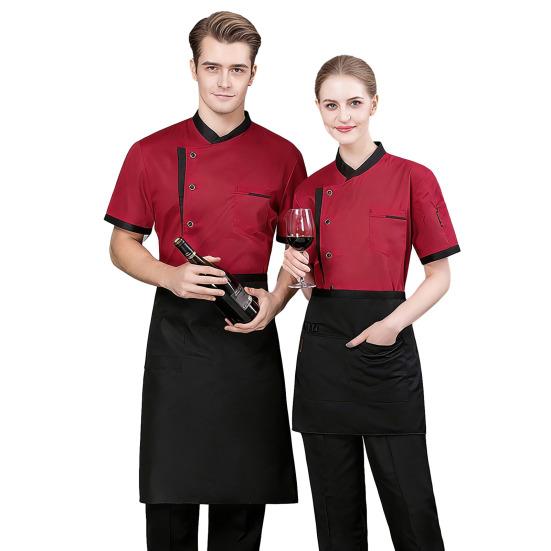 Chef Uniform Chinese Stand-Up Collar Short Sleeve Unisex Chef Tops with Practical Button Closure Color Matching Functional Pocket Restaurant Kitchen