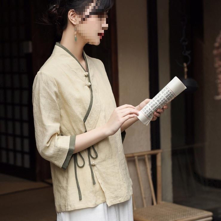 Zen Style Women's Tea Color Qipao Tang Suit Top - ROC Era