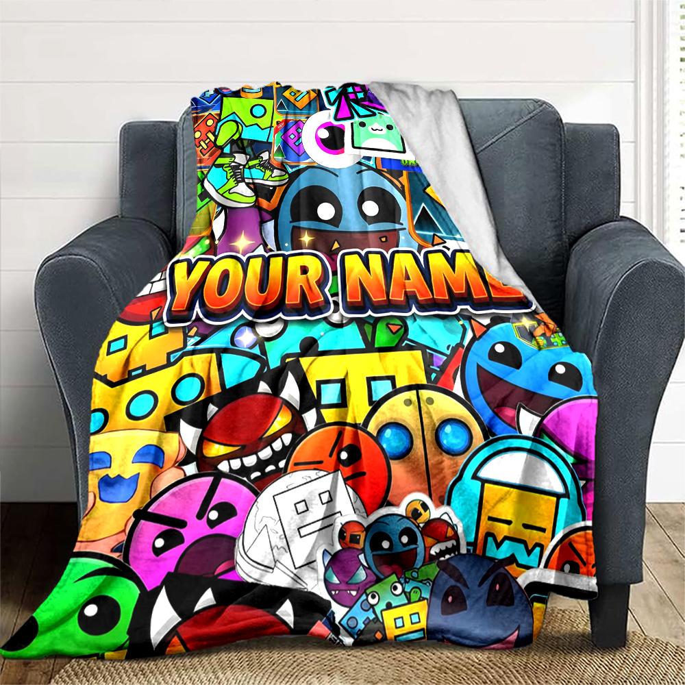 1pc Geometry Dash Blanket with Custom Name, Gift, for Men and Women, Soft Blanket, Good for Sofa Bed Couch Travel, Lightweight Flannel Blanket