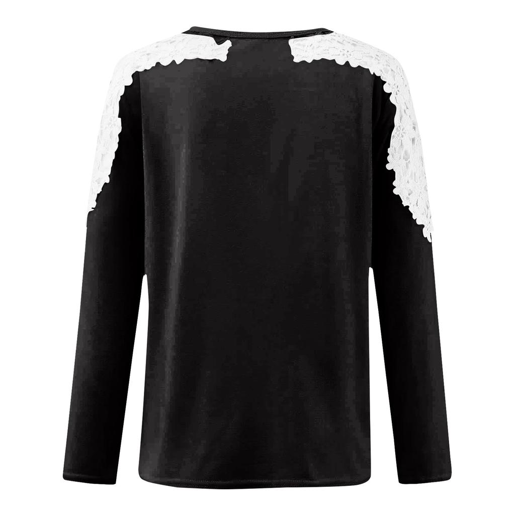Women's Fashionable Color Patchwork Lace Hollow Out Round Neck Long Sleeved T-Shirt Top
