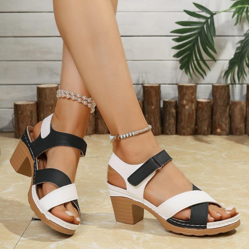 Fashion Summer Casual Open-toe Thick-heeled Platform Sandals British Style Flower Printed Rome Shoes Comfy High Heels Sandal of Women