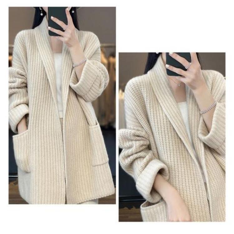 Warmer Weicher Damen Übergrößen Cardigan Pullover Winter Herbst Gestrickt Langarm Locker Dick Offener Stich Elastisches Revers Taschen