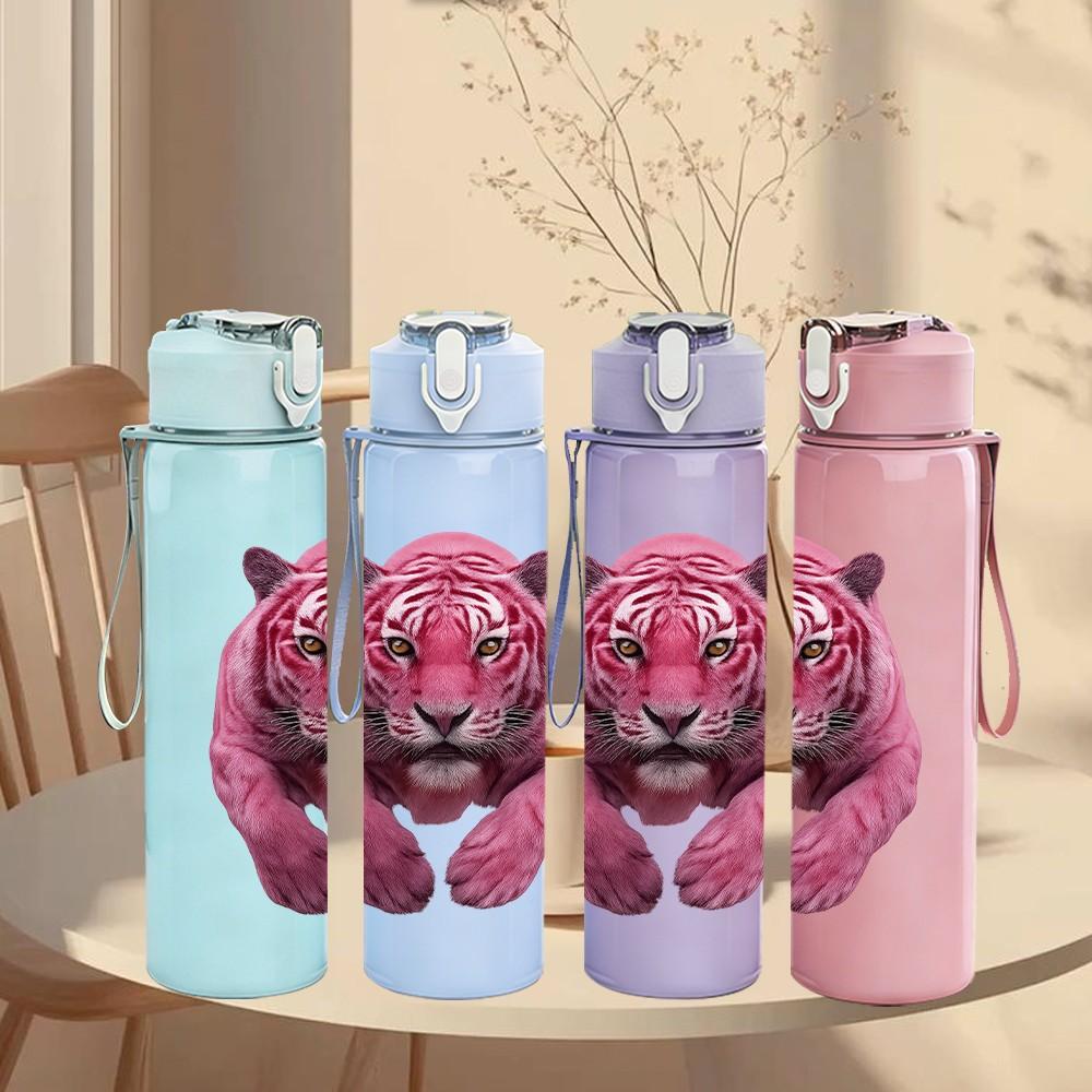 1PC Pink Panther Wild Cat Animal Pattern 750ml Color Plastic Sports Water Bottle Leakproof Flip Straw Lid Suitable for Sports Office Home Use