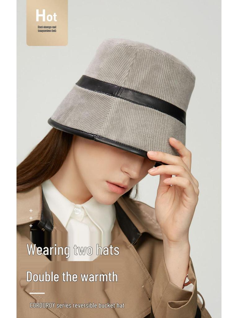 VVC Double-Sided European Style Women's Bucket Hat - Autumn/Winter Knit with PU Leather & Corduroy