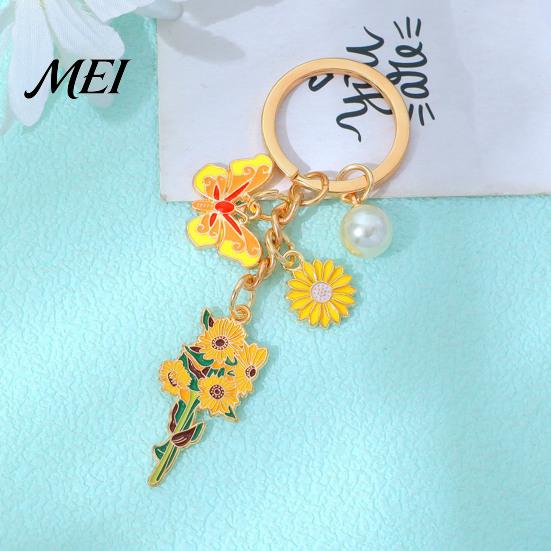 Schlüsselanhänger Anhänger mit runden Imitationsperlen, Blume Schmetterling Emaille Anhänger Zinklegierung Schlüsselring, Pastorale Stil Mehrschichtiger Halter Dekorativ