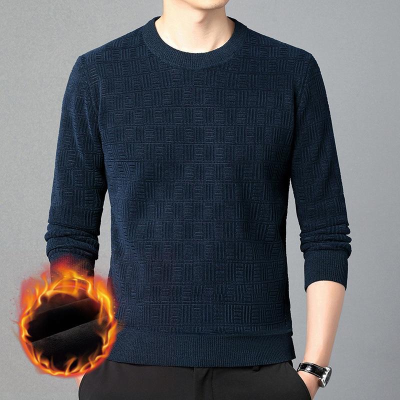 Autumn and Winter New Chenille Plus Velvet Thickened Sweater Men's Round Neck Long-sleeved Warm Bottoming Shirt Men's Outer Wear