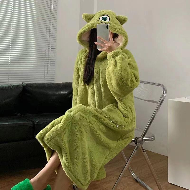 Cozy Mike Wazowski Fleece-Lined Hooded Pajamas - Winter Homewear with Short Sleeves