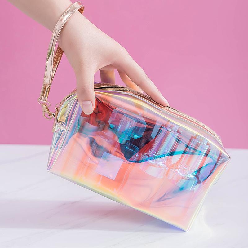 Borsa Trasparente Impermeabile in PVC per Cosmetici, Necessaire, Organizer per Trucco, Colore Laser, Cerniera, Lavabile, Beauty Case