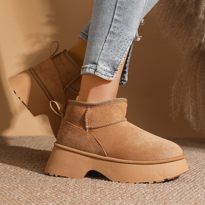 Fashion Platform Snow Boots Women's Fashion Winter New Round Toe Spliced Suede Plus Fur Thickened Platform Block Heel Boots