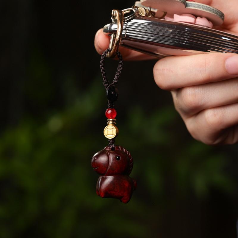 Cute Zodiac Horse Key Chain Cartoon Sandalwood Bag Pendant Handmade Rope Lanyard Chinese Style Key Ring Car Key Chain Pendant